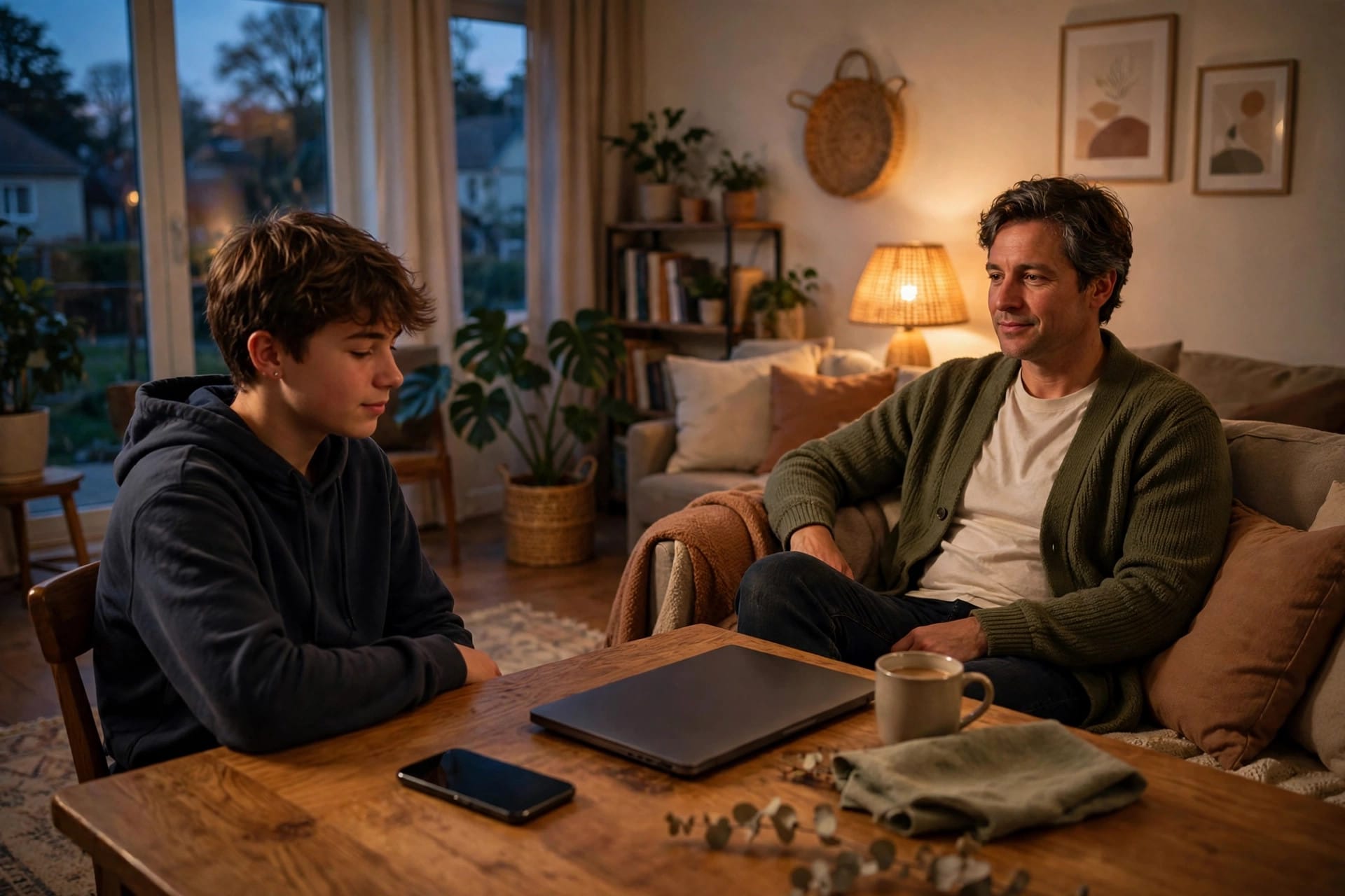 A teenager and parent in a living room with a phone face down on the table