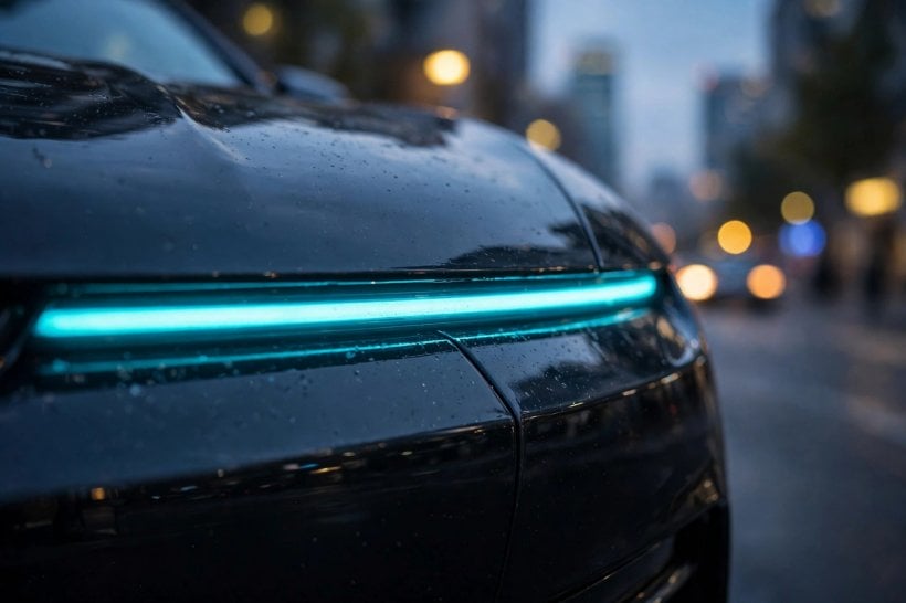 Close-up of a glowing cyan light bar on the front of a dark car at dusk