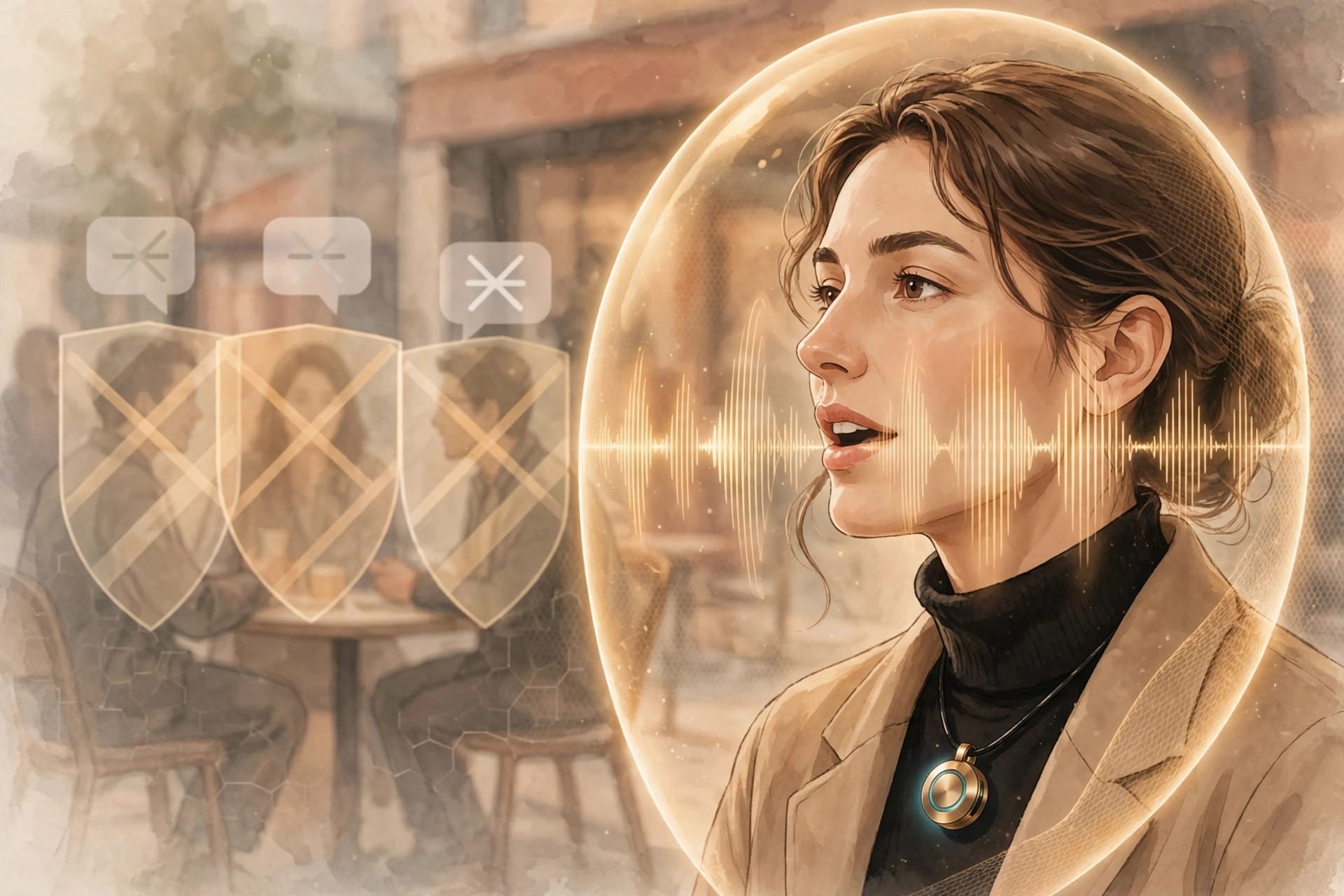 Nirva AI pendant wearer speaking while the device filters out the voices of people nearby for privacy