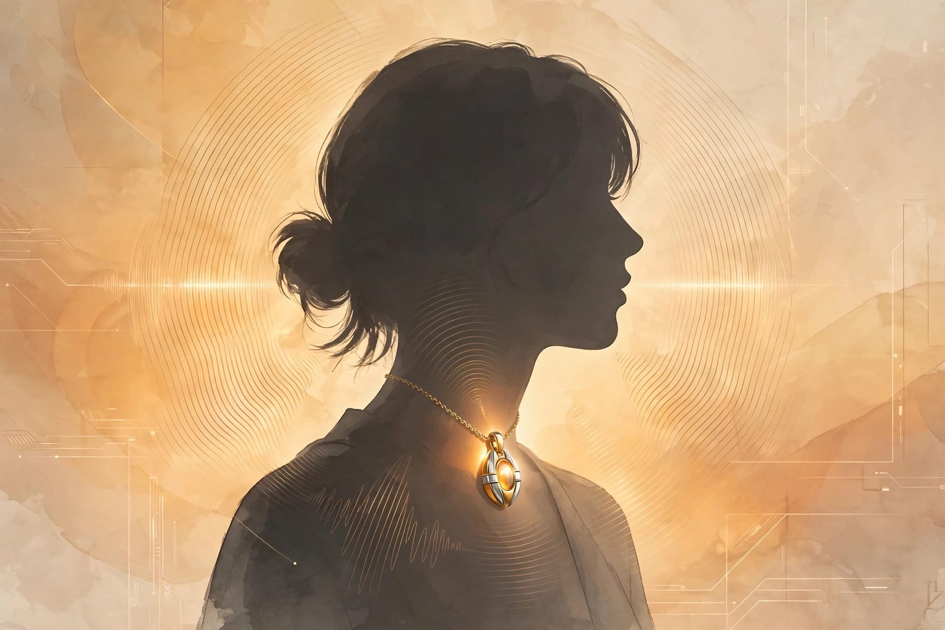 Nirva AI pendant in gold and silver finishes, an elegant jewellery pendant that listens only to its wearer