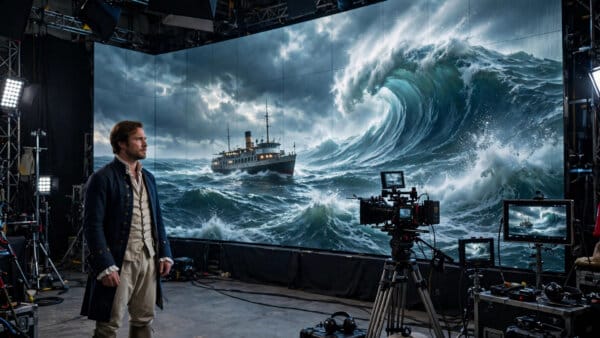 Nova real actor filming against an AI-generated storm sea for The Last Ferry series