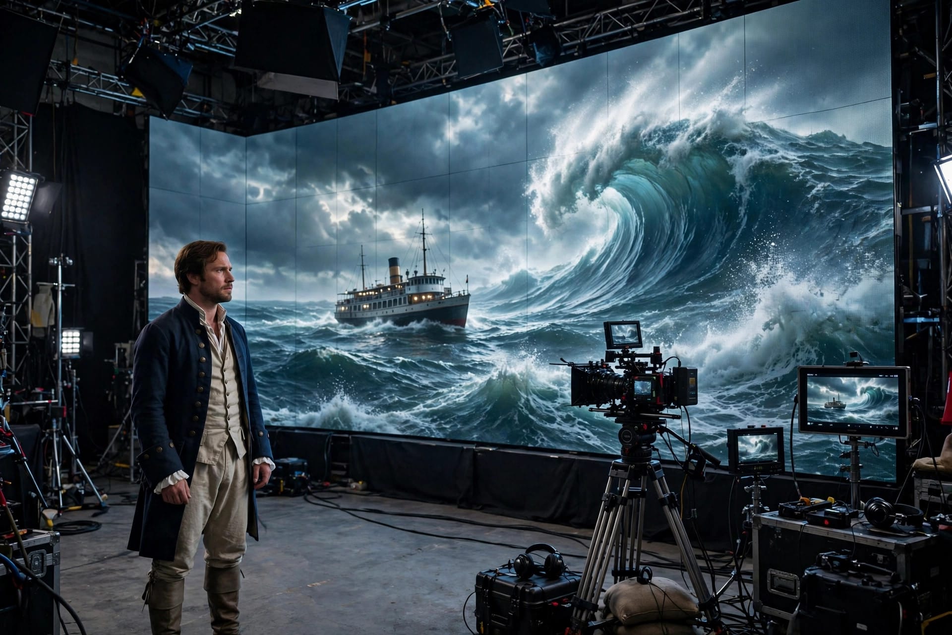 Nova real actor filming against an AI-generated storm sea for The Last Ferry series