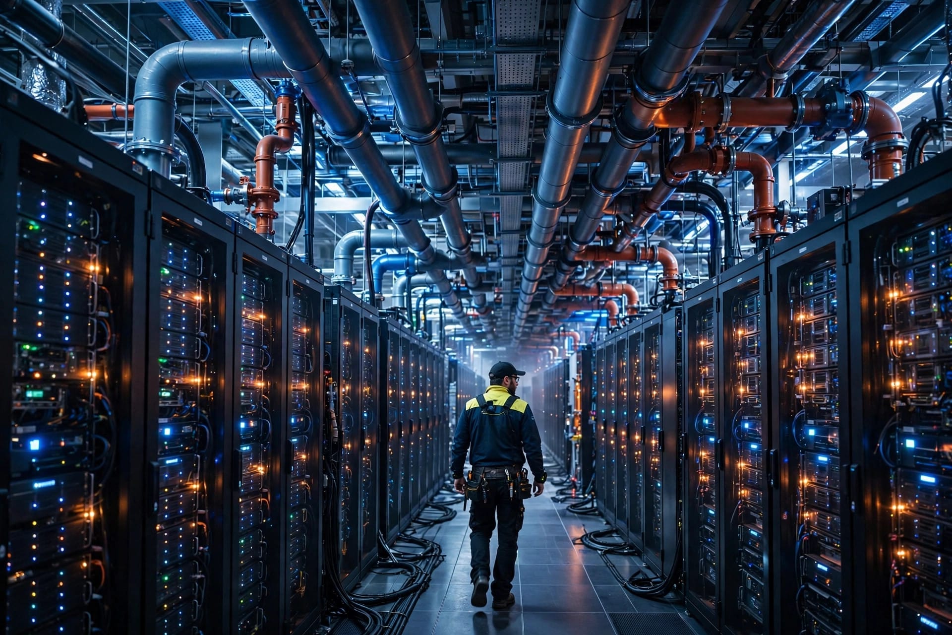 GPU server racks inside an AI data centre of the kind Nscale would fill with Nvidia Vera Rubin chips for Anthropic