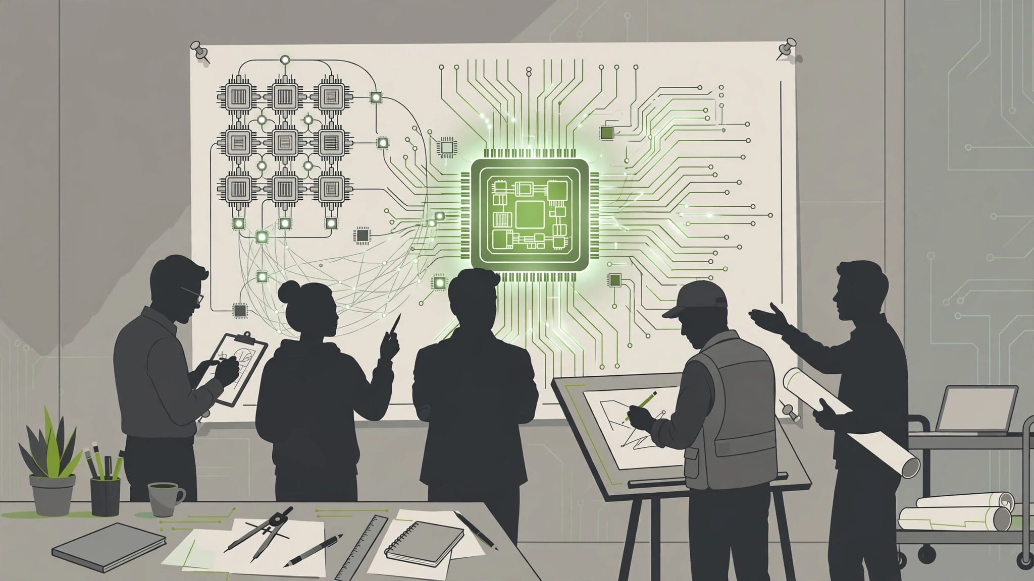 Illustration of engineers designing NVIDIA's next generation of AI chips