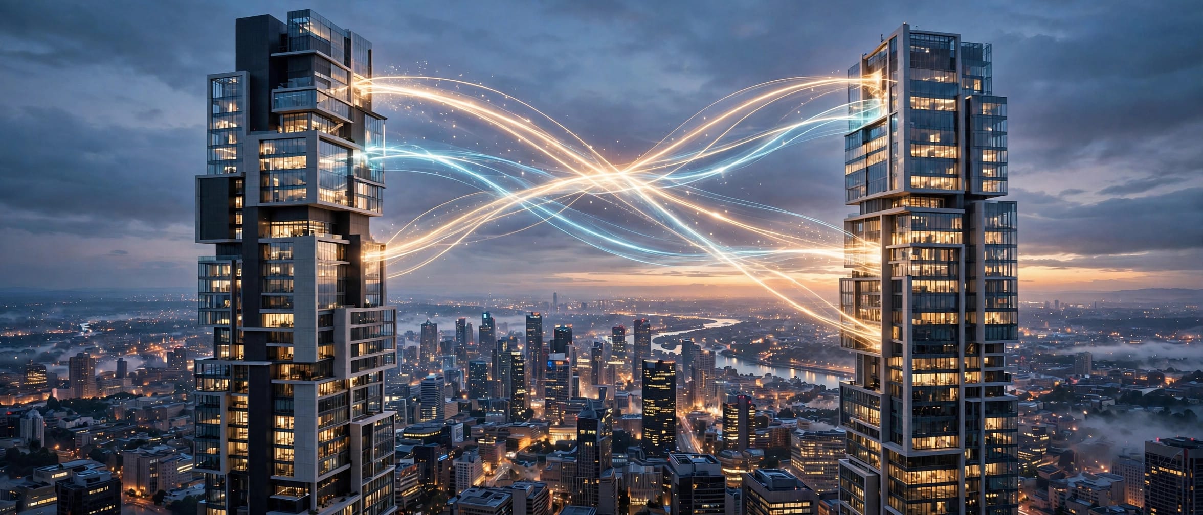 Two office towers joined by streams of light over a city at dusk