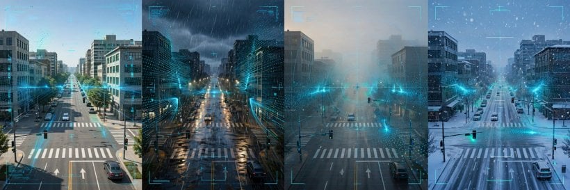 Cosmos Data Factory generating synthetic autonomous vehicle training scenes in different weather and lighting