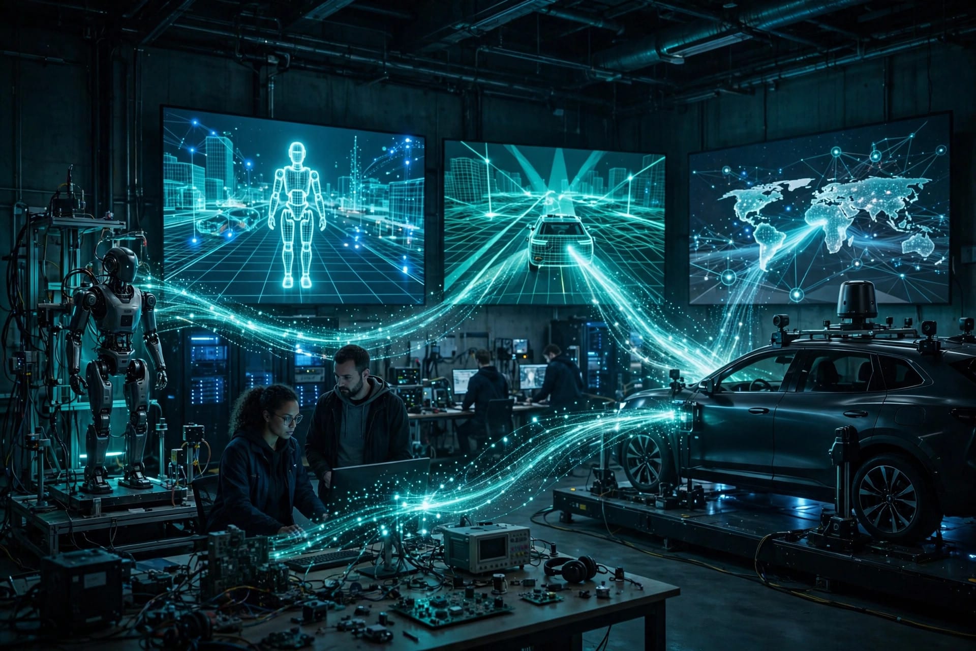 NVIDIA Cosmos world model platform training a robot and a self-driving car inside a simulated environment