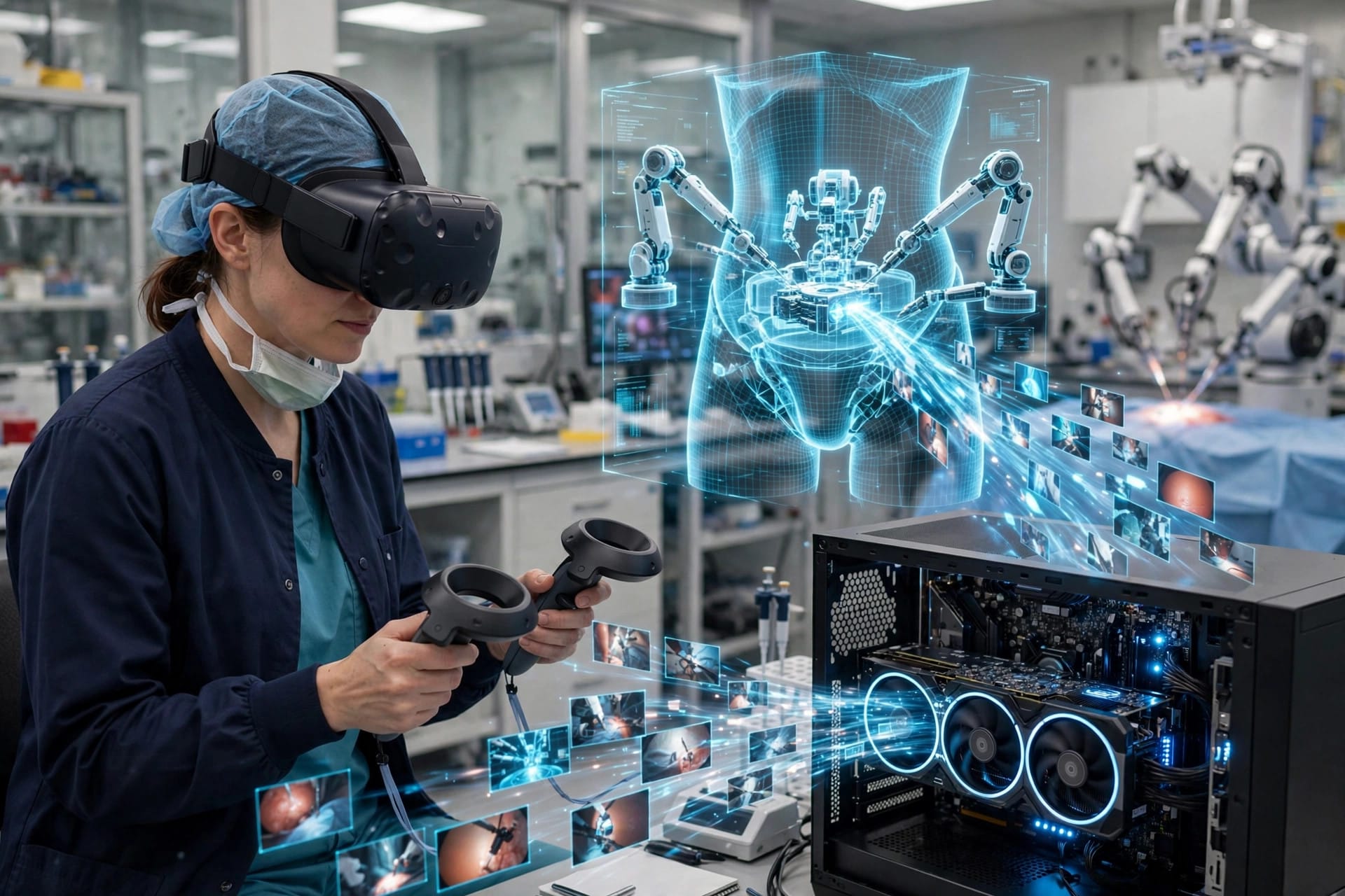 Surgeon teleoperating the Cosmos3-H-Dreams surgical simulator with a headset and controllers on one GPU workstation