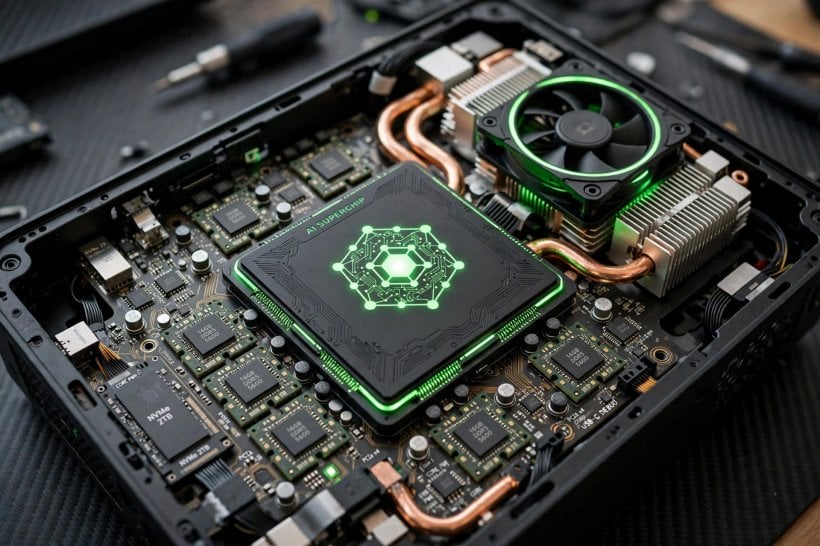Open AI supercomputer mini PC revealing its internal AI superchip and memory modules
