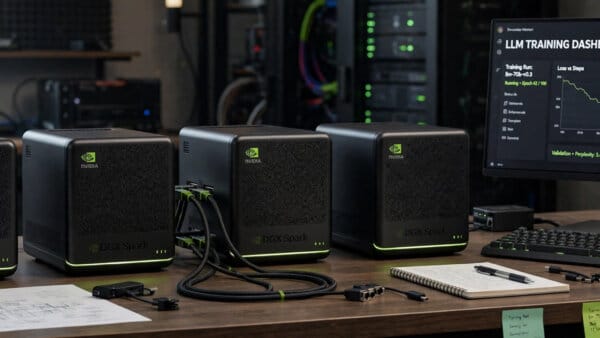 Four NVIDIA DGX Spark AI mini PCs clustered on a developer desk next to a model training dashboard
