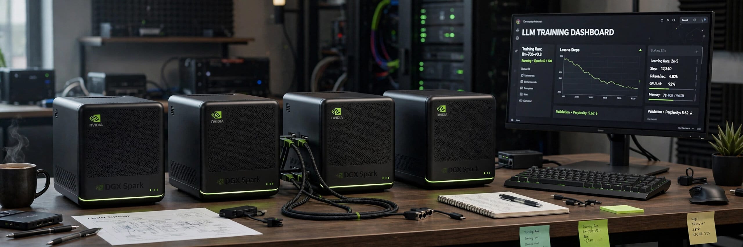 Four NVIDIA DGX Spark AI mini PCs clustered on a developer desk next to a model training dashboard