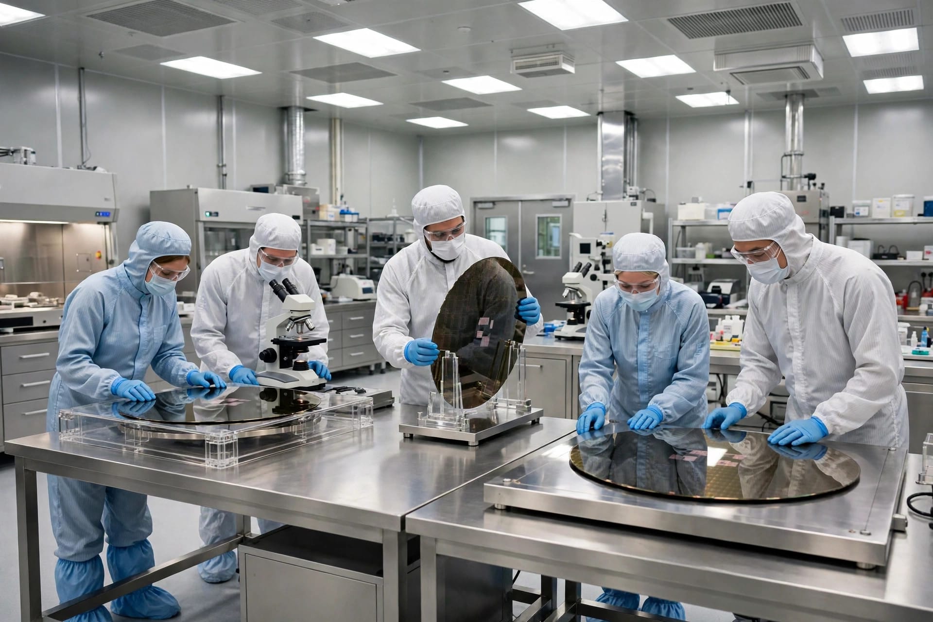 Engineers in clean suits examining large silicon wafers in a bright chip laboratory
