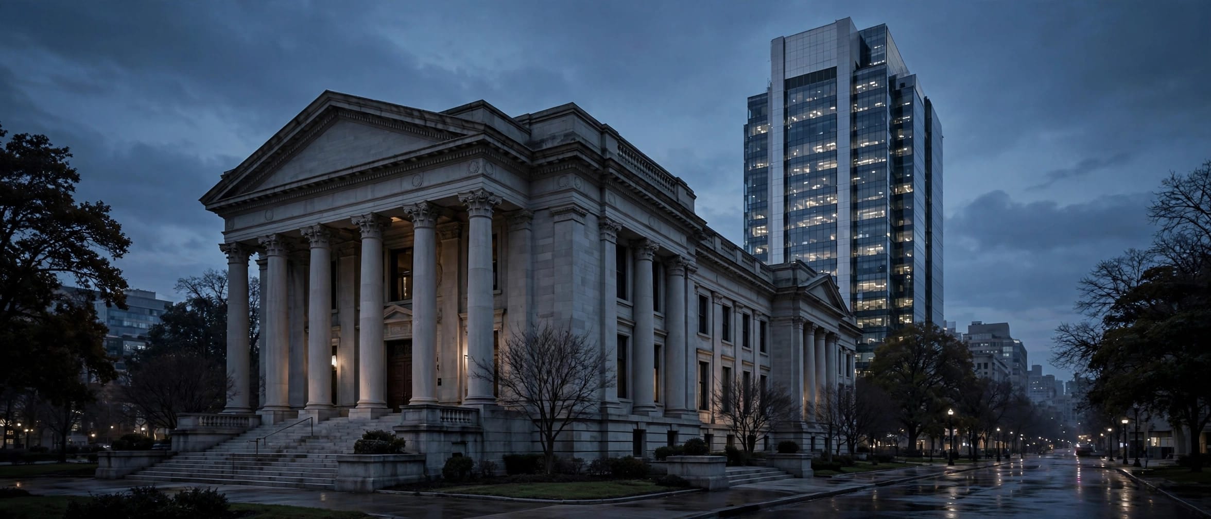 A courthouse building with tall columns at dusk, with a modern glass office tower behind it