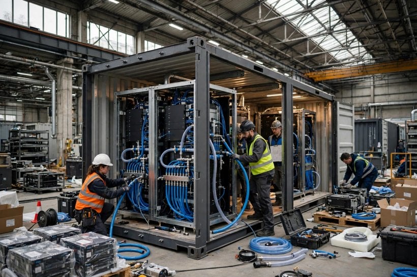 Technicians assembling Vera Rubin server racks with liquid cooling inside a DSX POD container at the factory