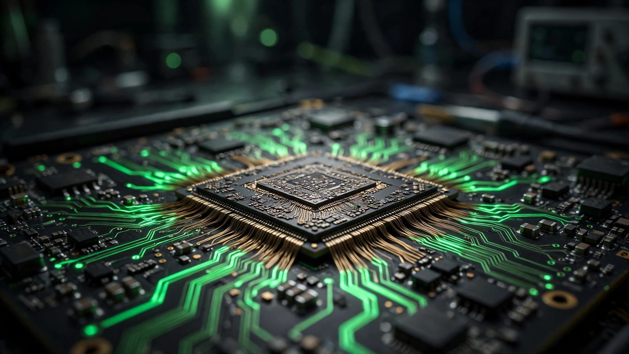 A close-up of an NVIDIA GPU chip glowing on a circuit board