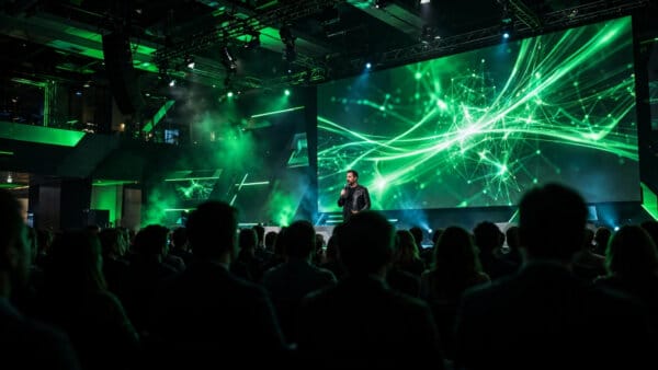 Jensen Huang on stage at NVIDIA Berlin conference, where he called AI extinction warnings cheap headline-grabbing