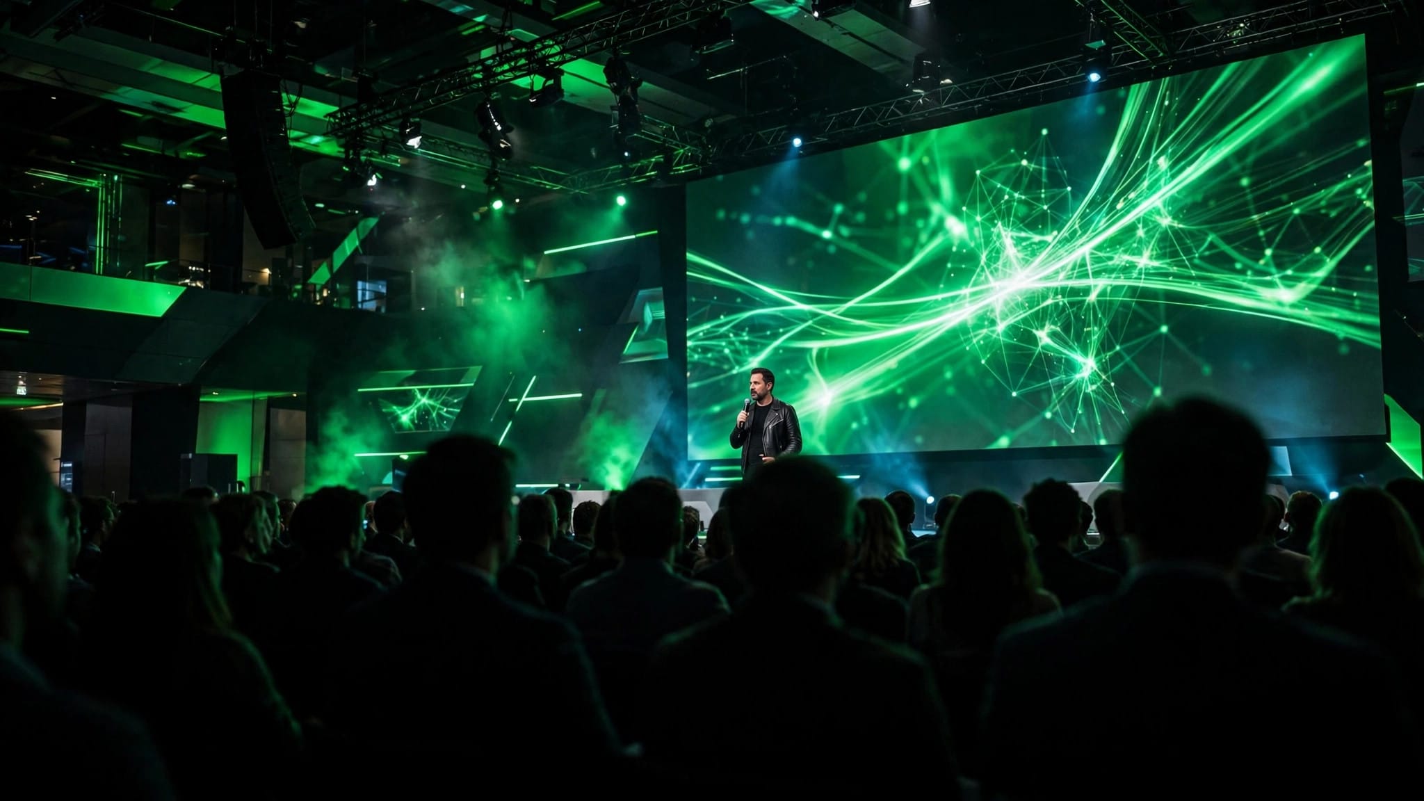 Jensen Huang on stage at NVIDIA Berlin conference, where he called AI extinction warnings cheap headline-grabbing