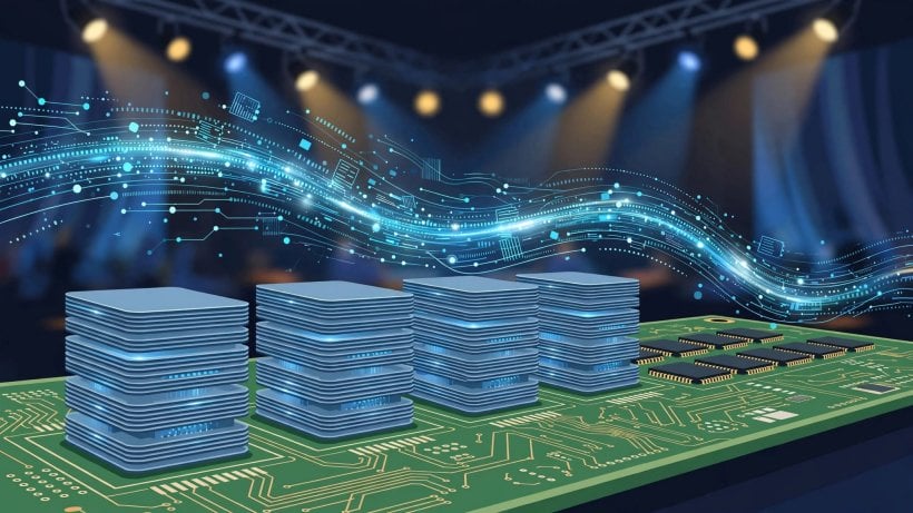 High-bandwidth memory and DRAM chips on a circuit board with conference lighting behind