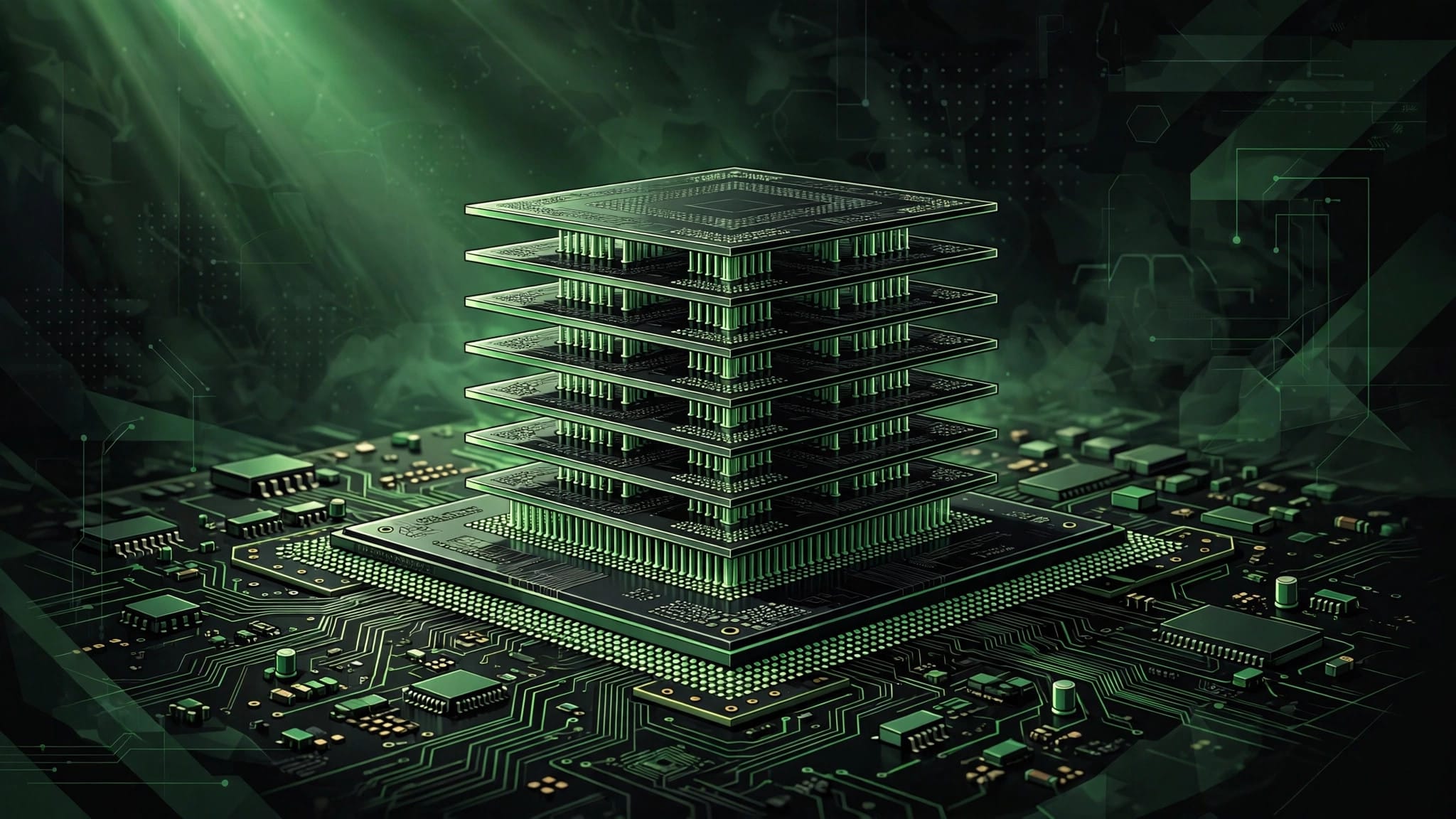 Stacked high-bandwidth memory dies on a circuit board in dark green and black