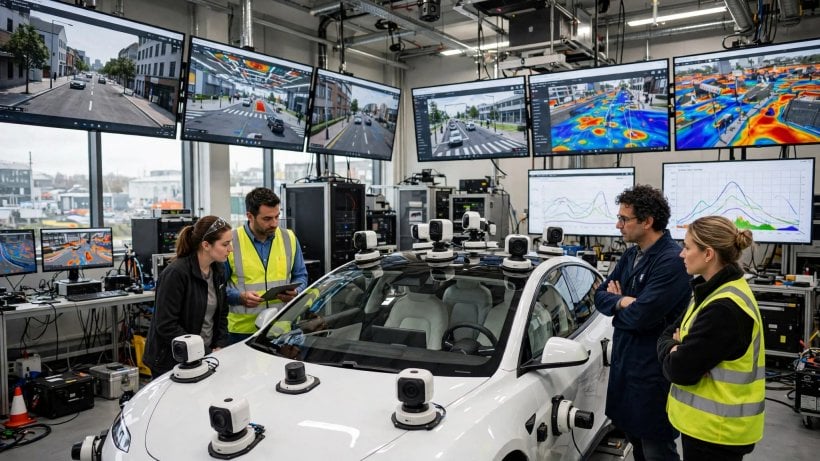 Engineers validating an autonomous vehicle on NVIDIA Hyperion with simulation and safety testing screens