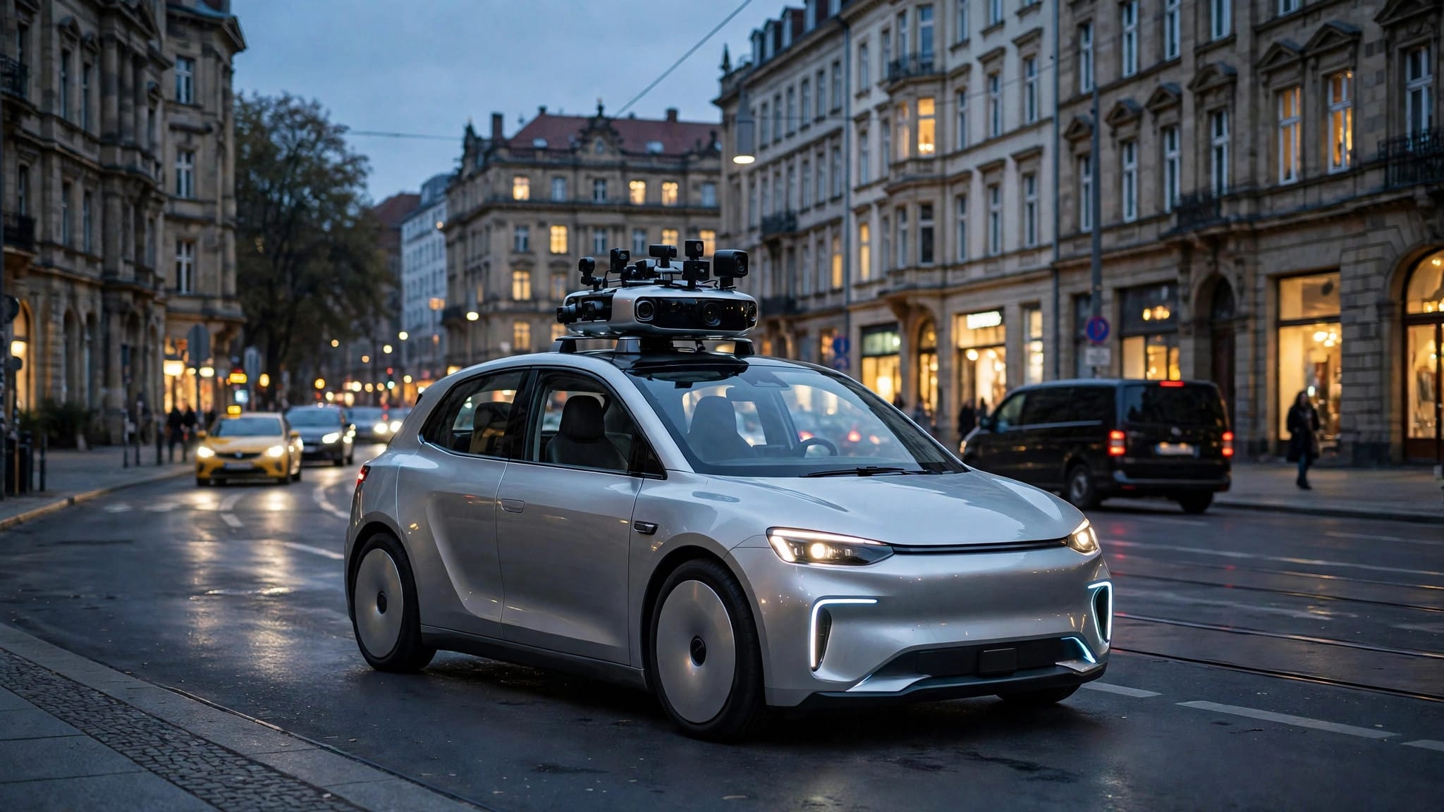 Robotaxi built on NVIDIA Hyperion driving through a European city street at dusk