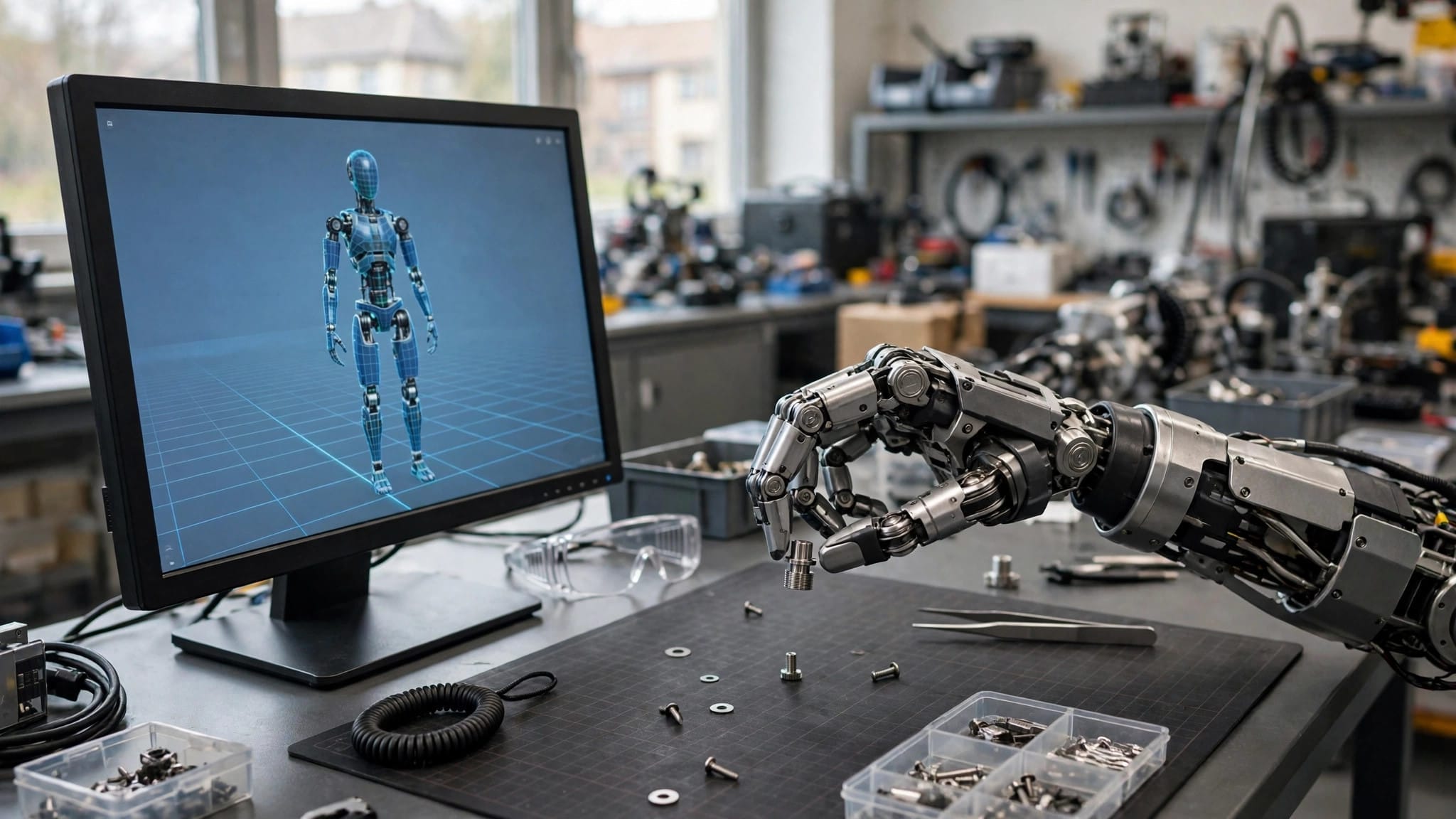 Humanoid robot hand trained in NVIDIA Isaac Lab picking up a part while its simulation runs on a monitor