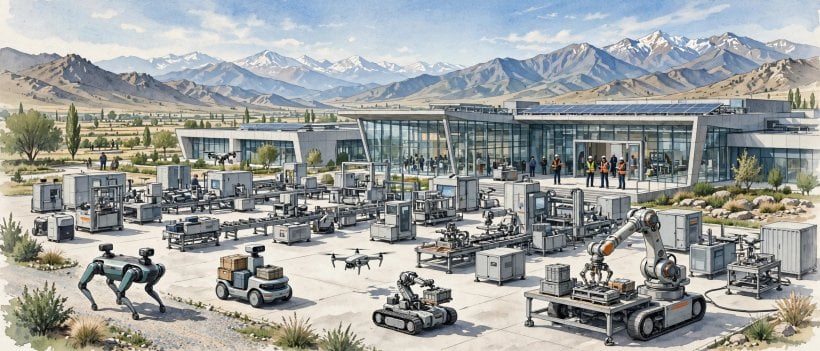 Autonomous robots and industrial machines outside a modern technology facility beneath mountains