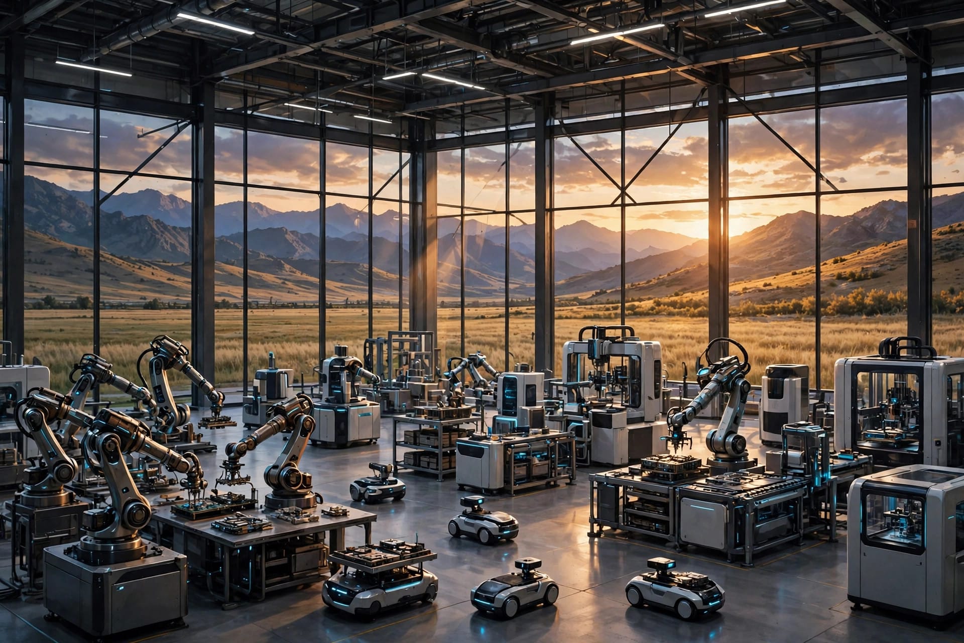 Robotic arms and autonomous machines inside a futuristic industrial AI facility overlooking steppe and mountains