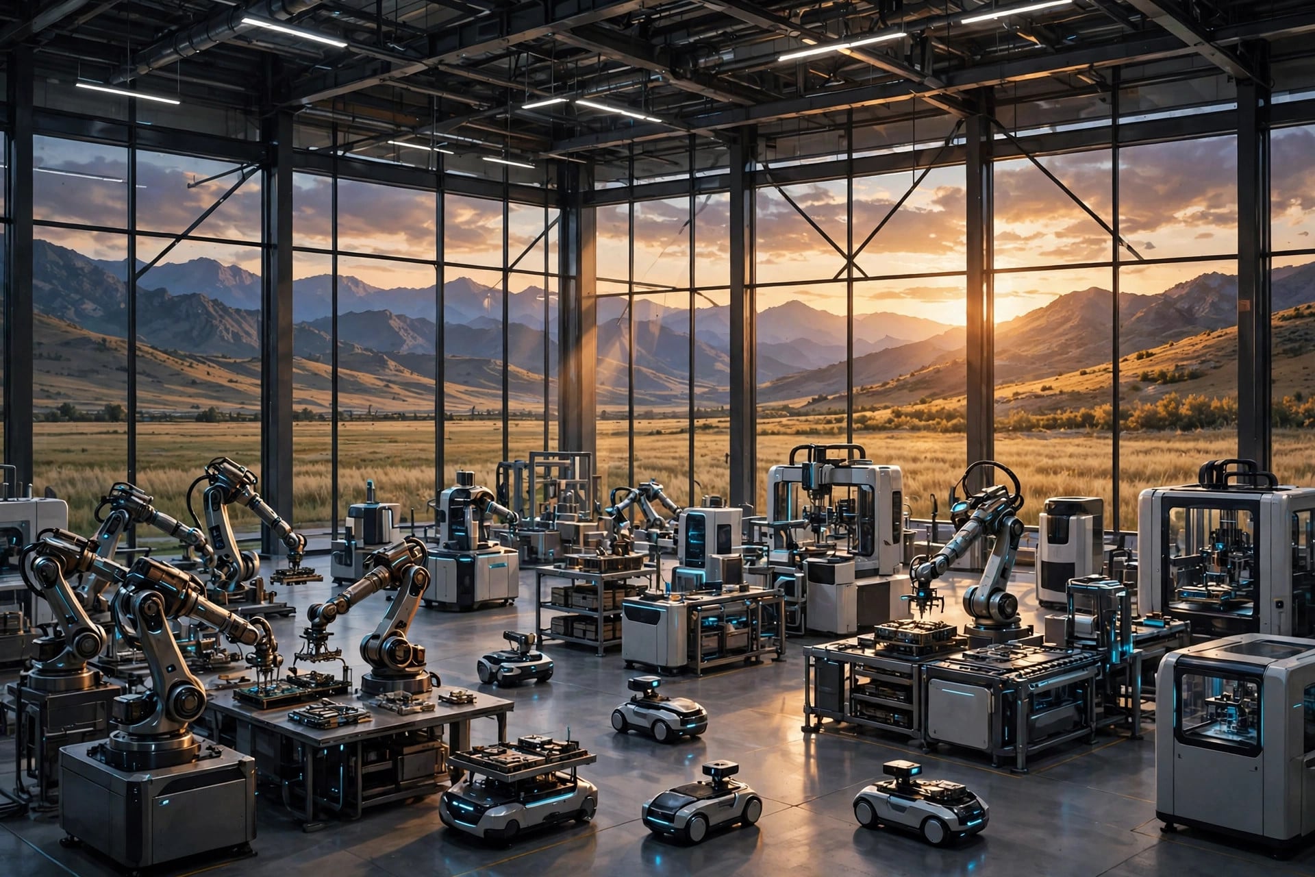 Robotic arms and autonomous machines inside a futuristic industrial AI facility overlooking steppe and mountains