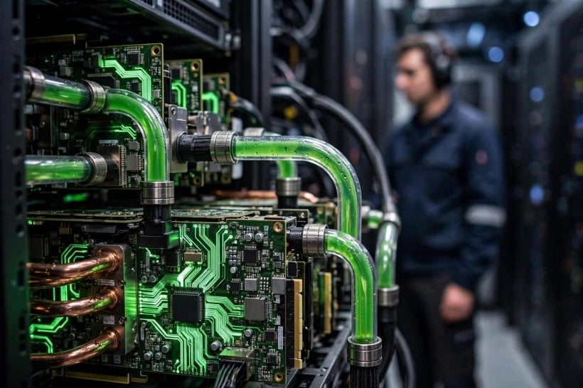 Liquid-cooled GPU server hardware running AI agent workloads in a data centre