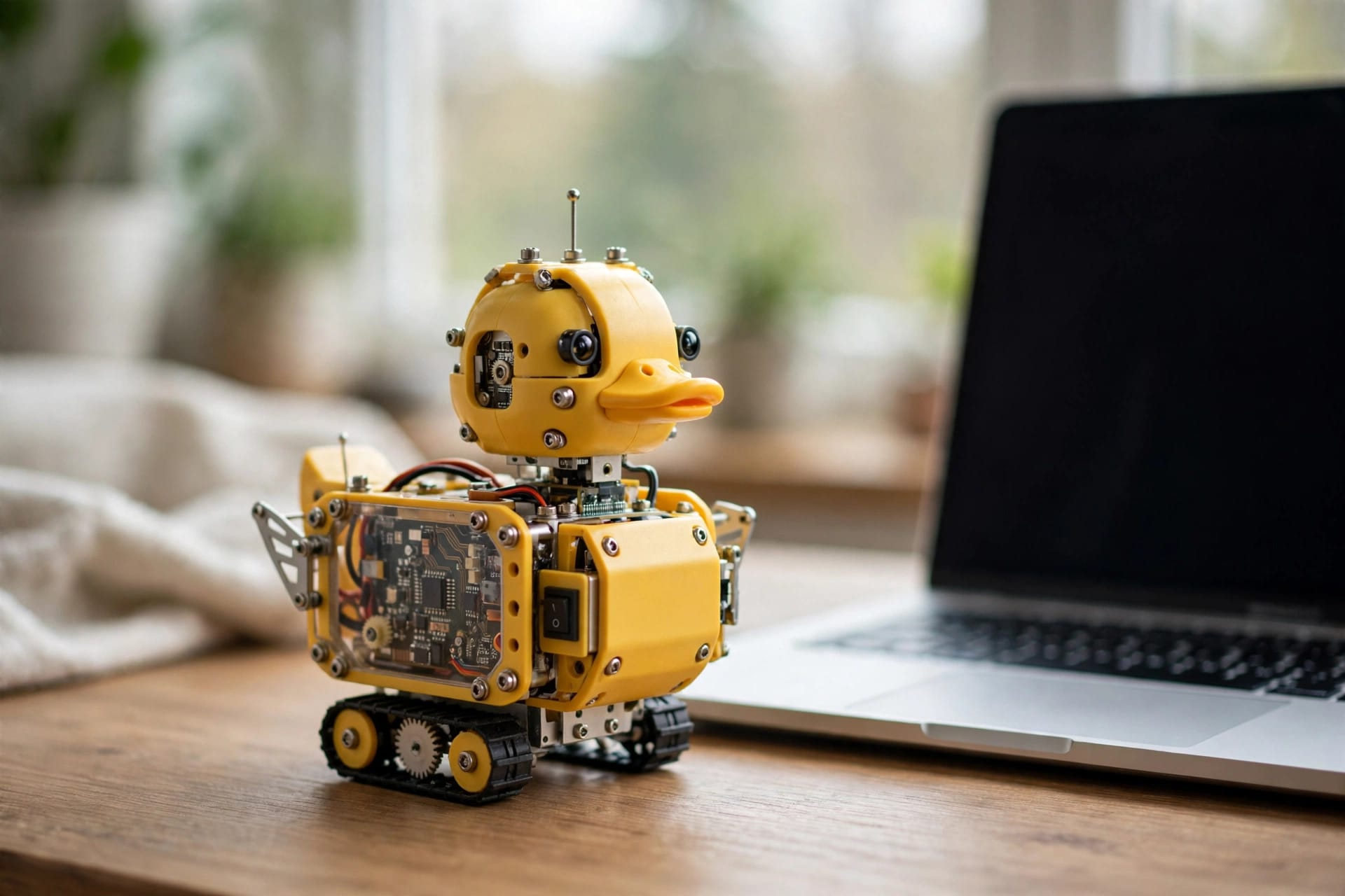 A small open-source Microduck robot sitting on a desk next to a laptop after demonstrating tricks on voice command