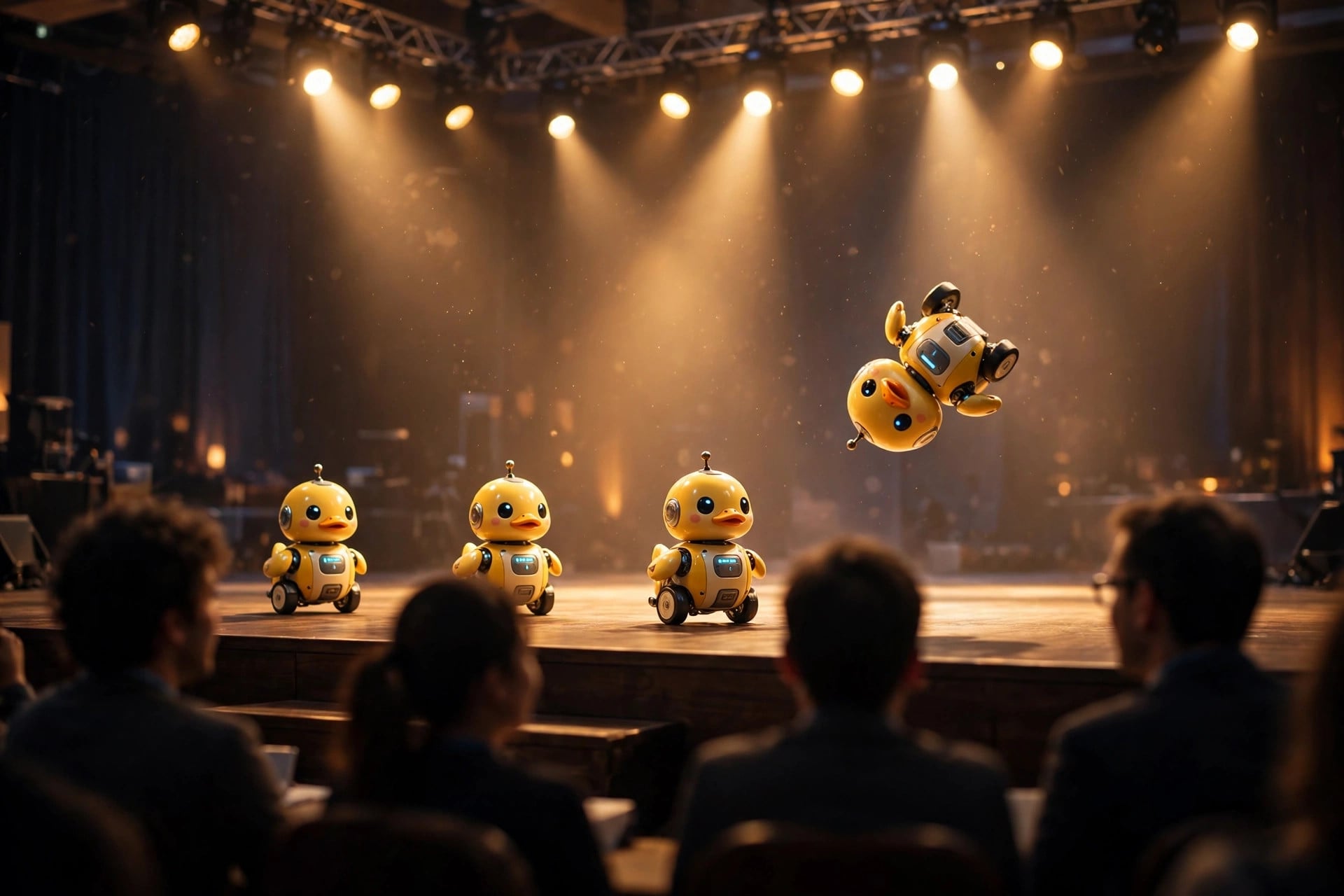 Microduck robots waddling on stage during the NVIDIA GTC Berlin keynote, one somersaulting