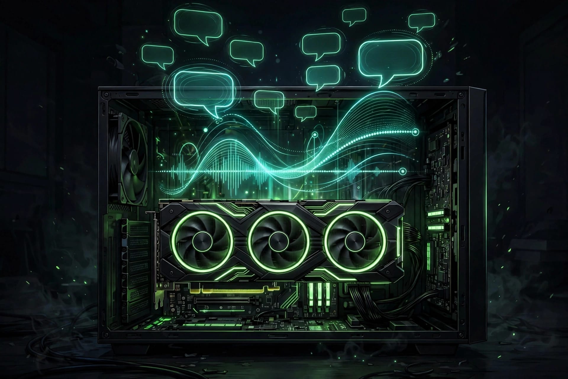 Graphics card with glowing green accents in an open computer case with holographic sound-wave visualizations rising above it