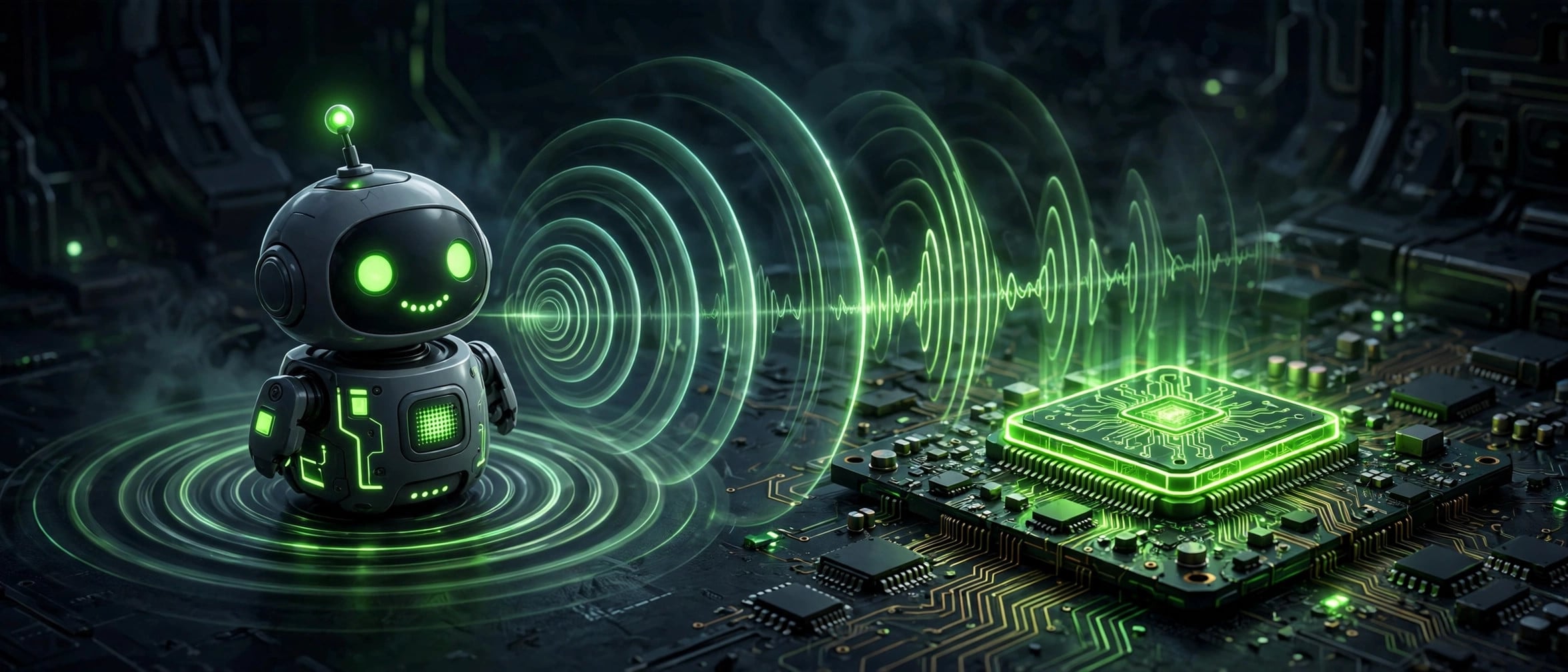 Small desktop robot with glowing green accents emitting voice sound waves beside a glowing green computer chip on a circuit board