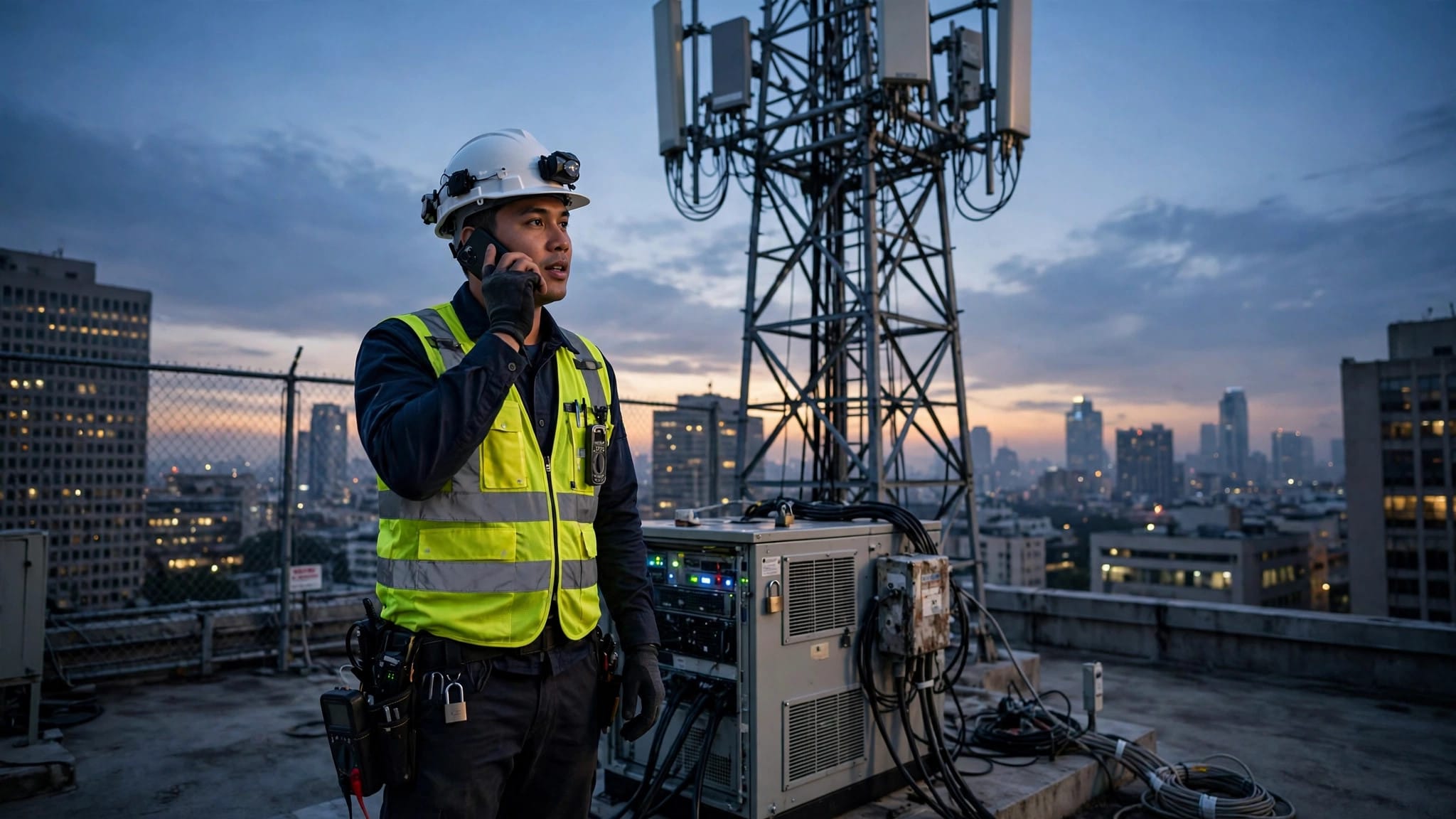Telecom engineer at a cell site where T-Mobile completed the first AI-RAN call on a live network with NVIDIA and Nokia