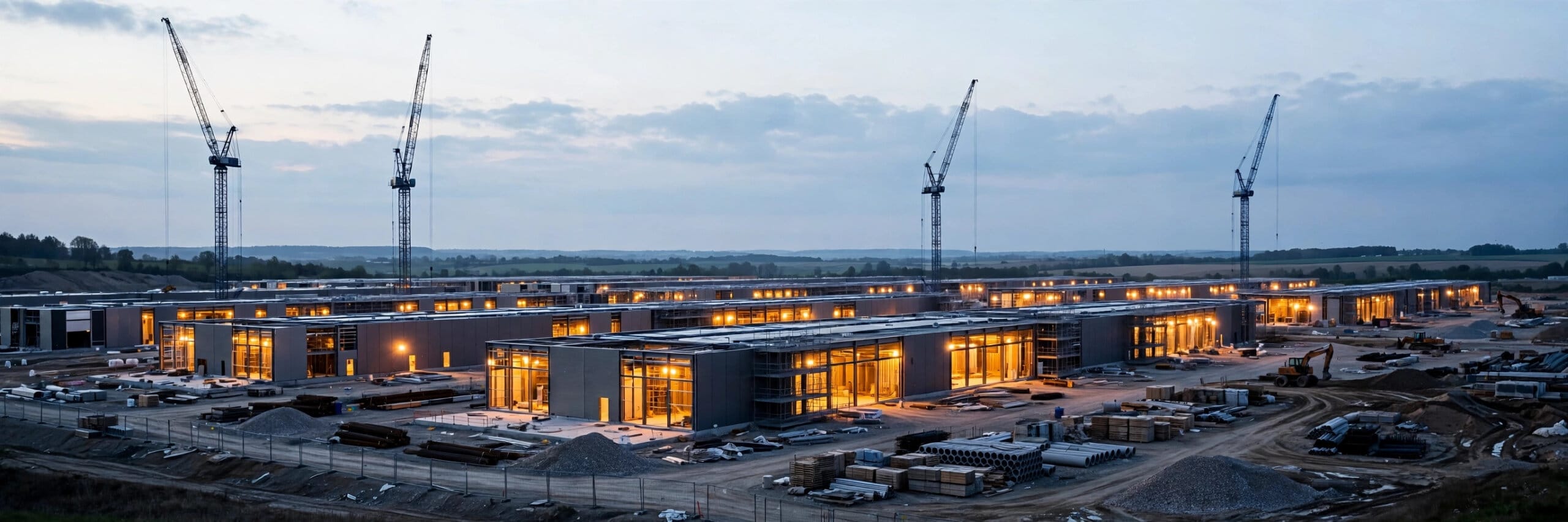 Construction cranes over large data centre halls at dusk