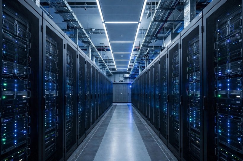 Rows of server racks inside a large AI data centre