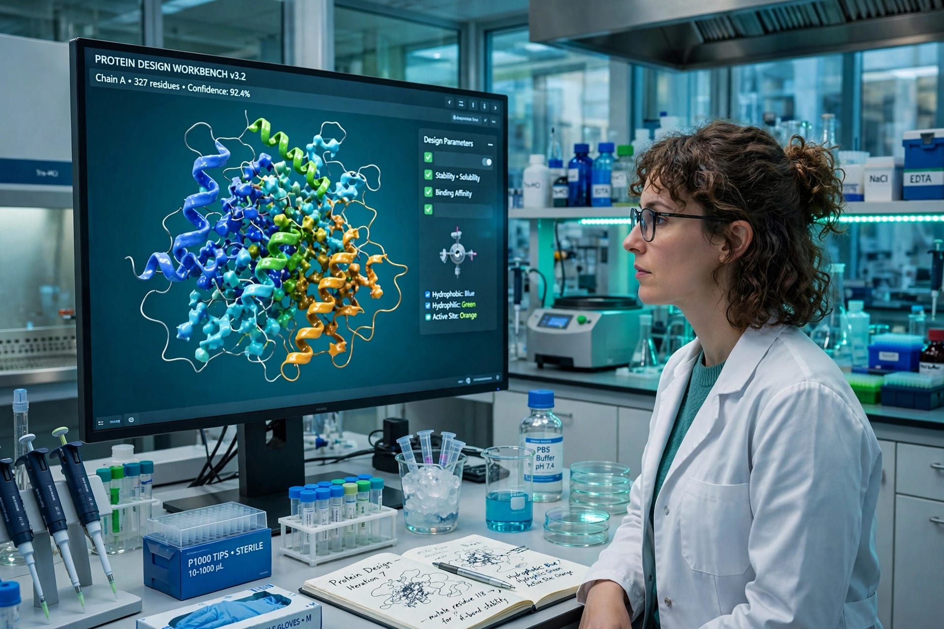 Scientist reviewing an RFD4-Proteina protein design on a large screen in a biology laboratory