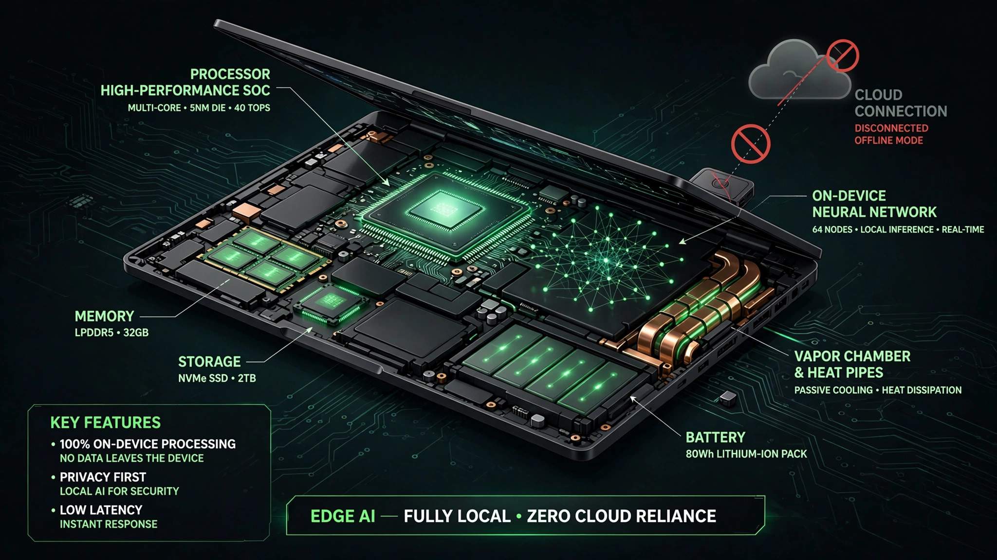 Cutaway illustration of an RTX Spark laptop running AI models entirely on the device