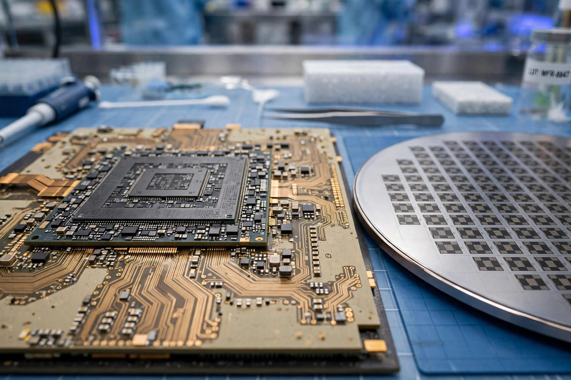 Close-up of an AI processor on a package substrate beside a silicon wafer