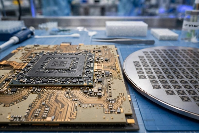 Close-up of an AI processor on a package substrate beside a silicon wafer