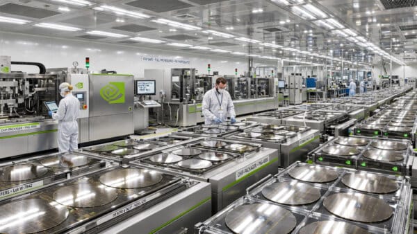 Semiconductor cleanroom with engineers and chip-packaging equipment for NVIDIA supply chain expansion