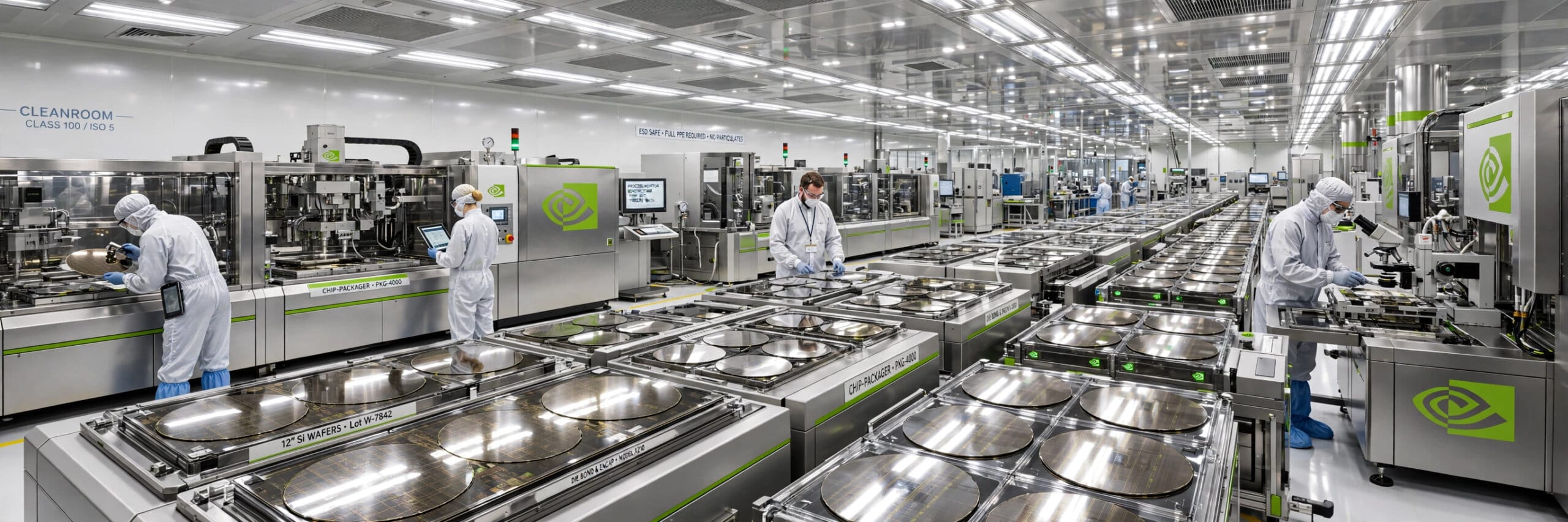 Semiconductor cleanroom with engineers and chip-packaging equipment for NVIDIA supply chain expansion