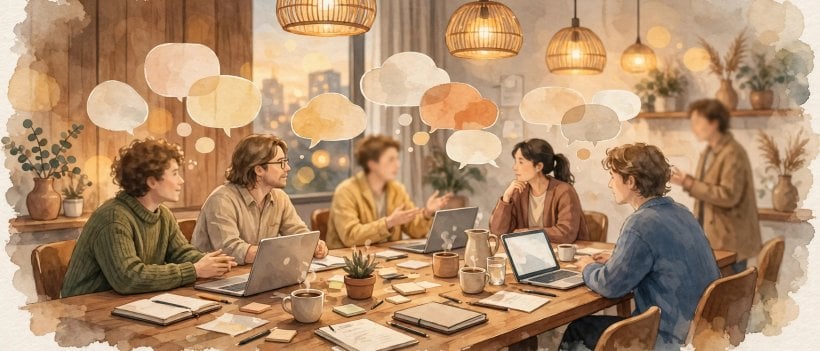 People discussing around a meeting room table with laptops in soft focus
