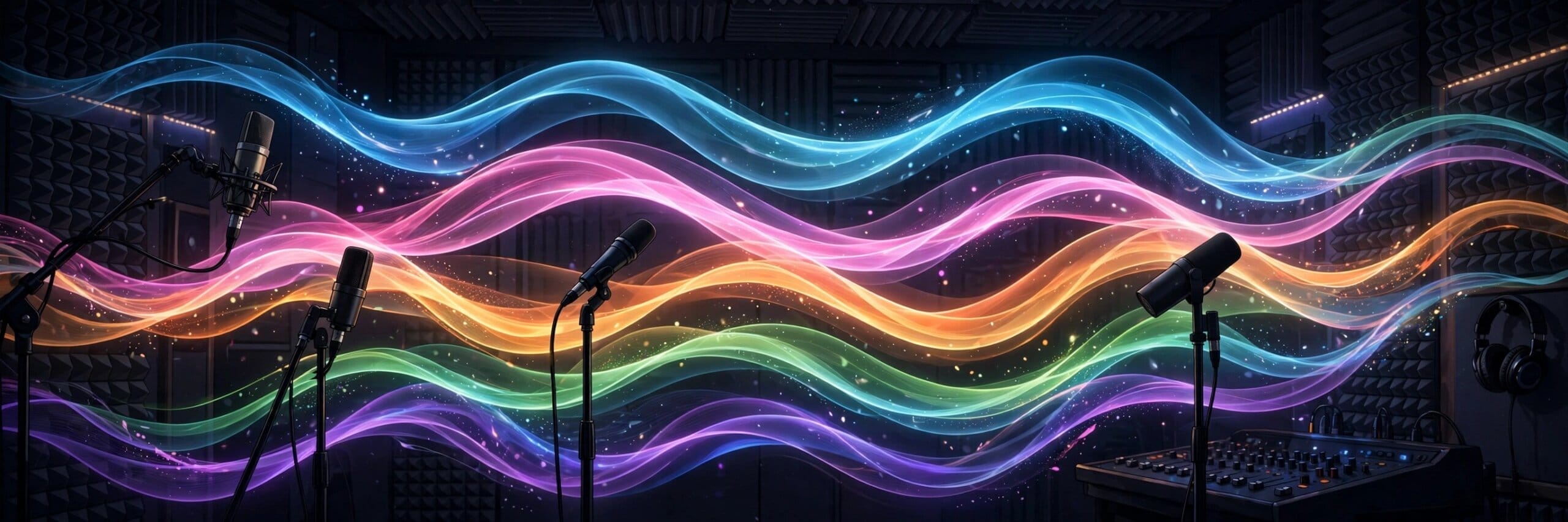 Colorful sound waveforms flowing across a dark studio with microphones