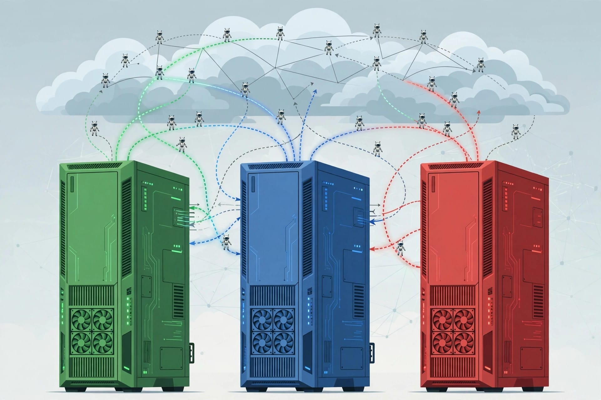 Nvidia, Intel and AMD CPU towers in a mixed cloud fleet routing AI agent jobs by performance