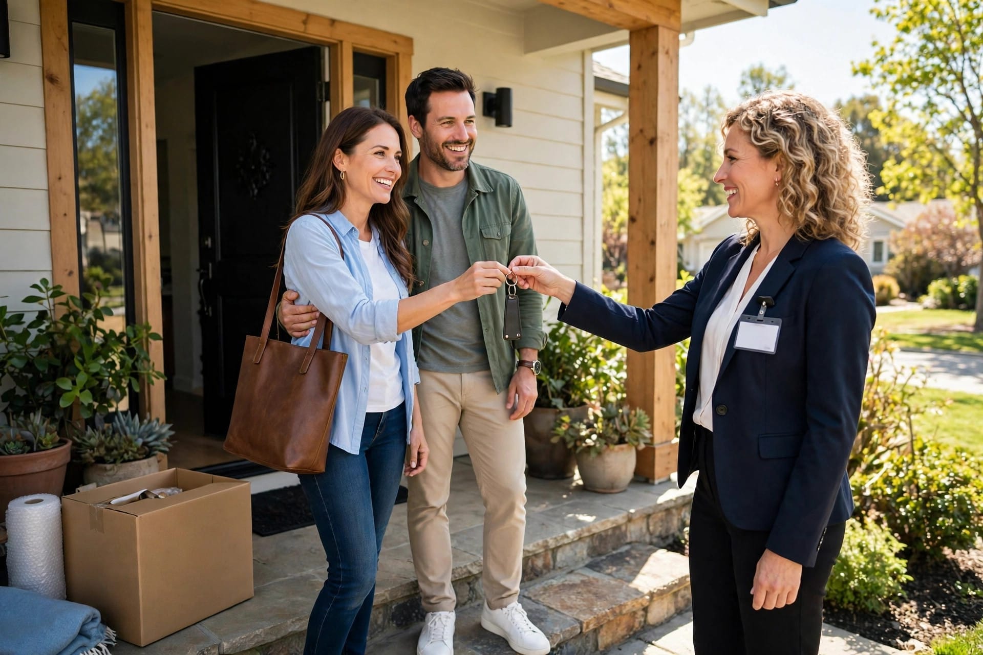 Couple receiving house keys at a front door