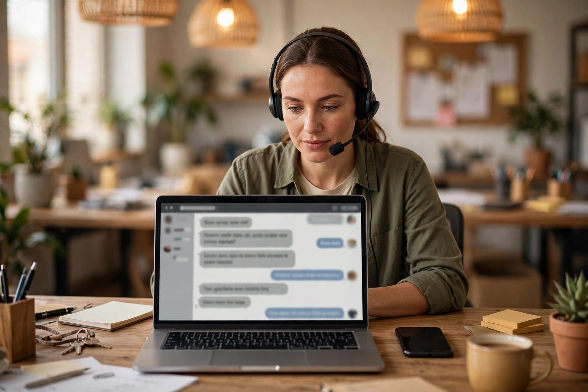 Customer service agent wearing a headset answering messaging chats on a laptop, illustrating Omnichat's Omni AI Agents