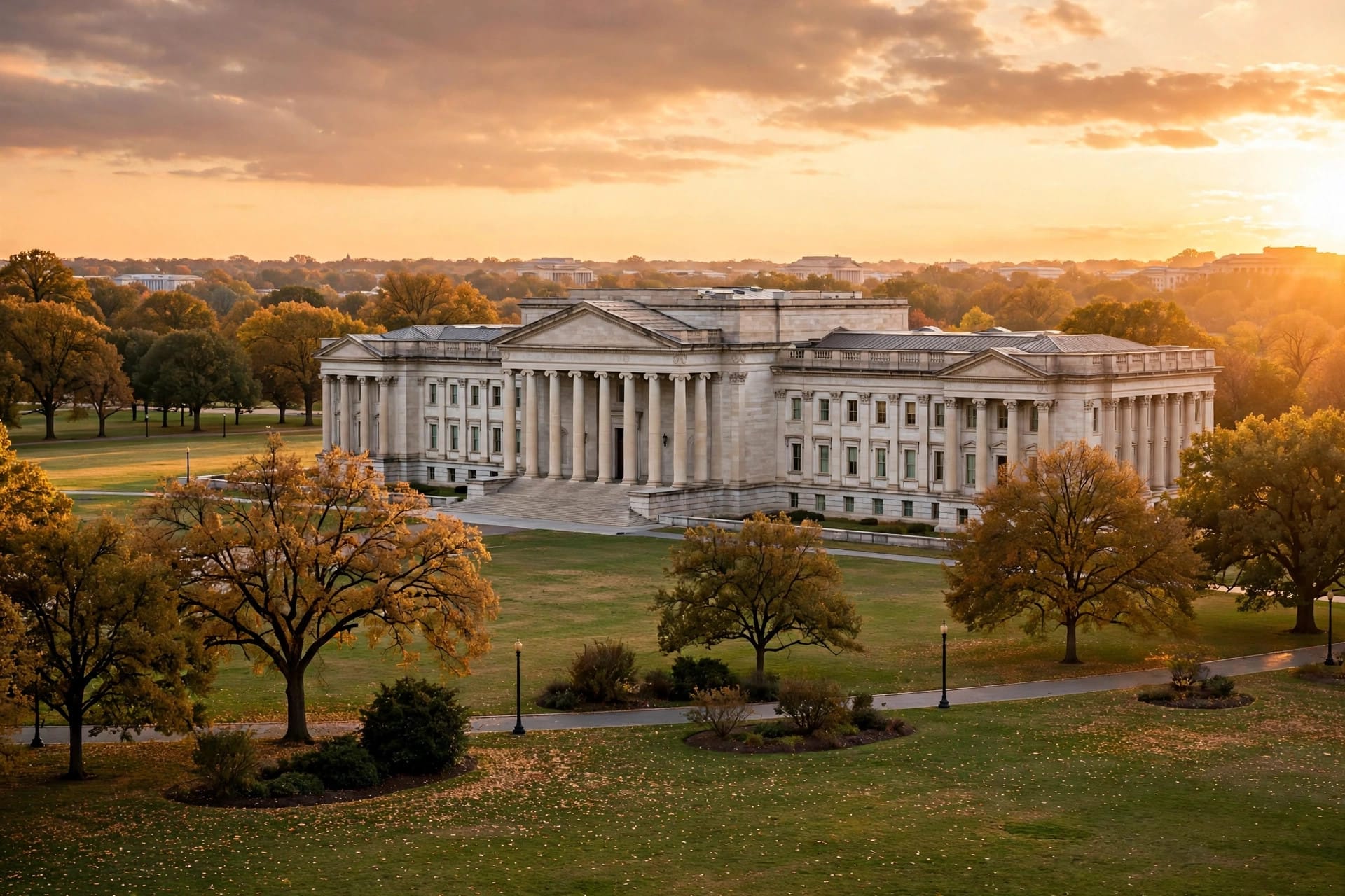 Classical government building facade at golden hour