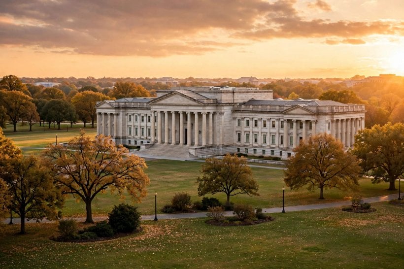 Classical government building facade at golden hour